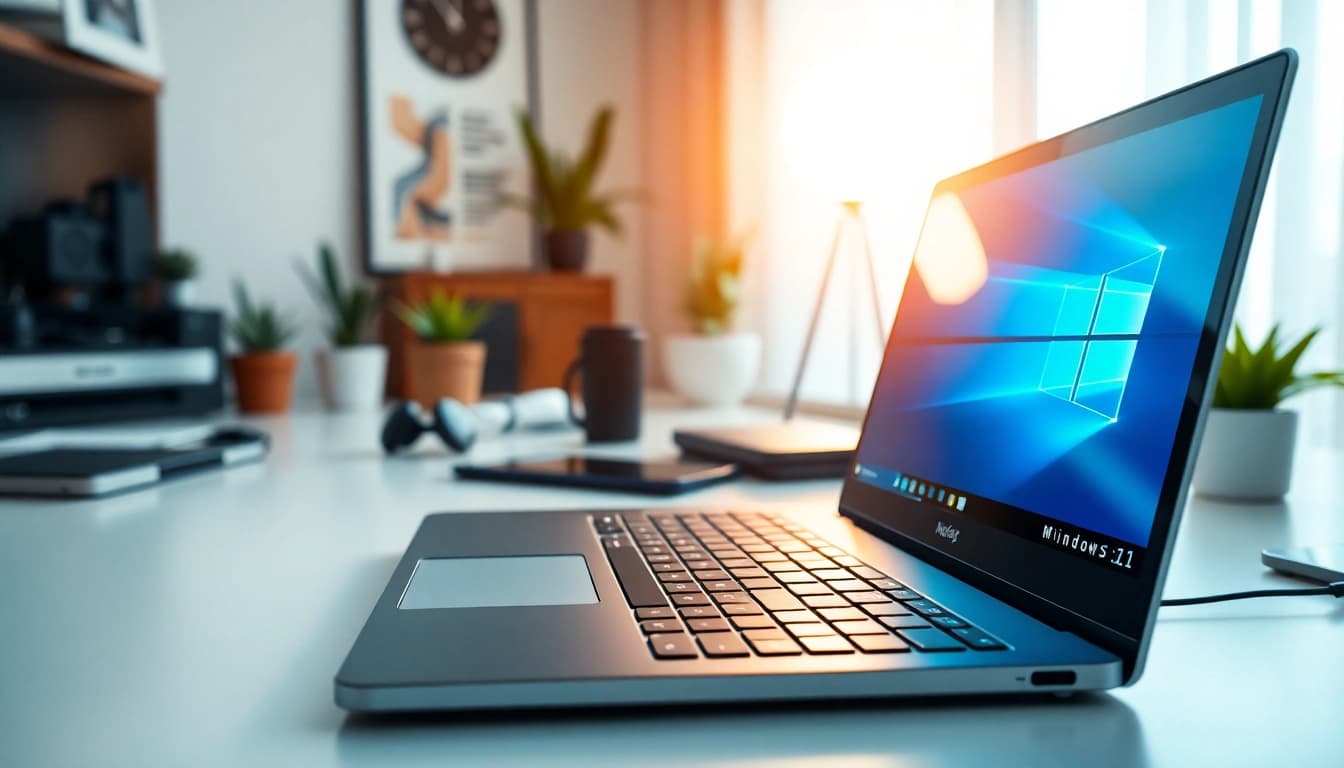 Użytkownicy Windows 11 pracując na nowoczesnym laptopie w stylowym biurze.