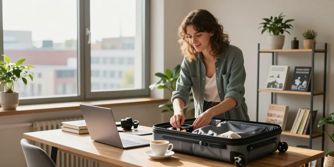Gemütliches Monteurzimmer Hannover für Geschäftsreisende mit Laptop und Stadtblick.