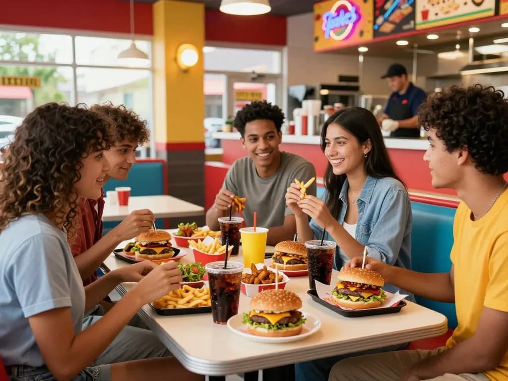 Enjoying a vibrant fast food menu with friends, featuring burgers and fries in a lively restaurant setting.