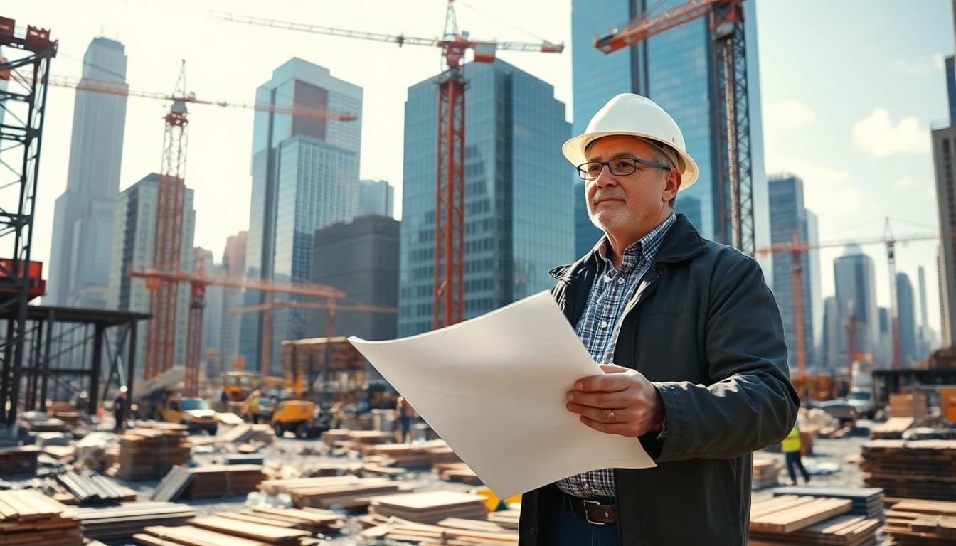 New York City General Contractor overseeing a busy construction site with skyscrapers.