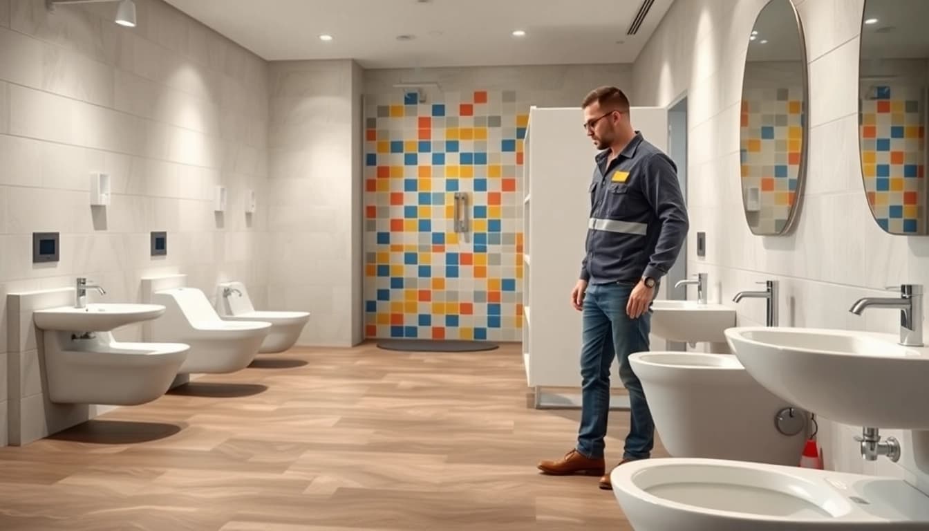 Professional commercial toilet refurbishment showcasing modern fixtures and a contractor assessing the space.