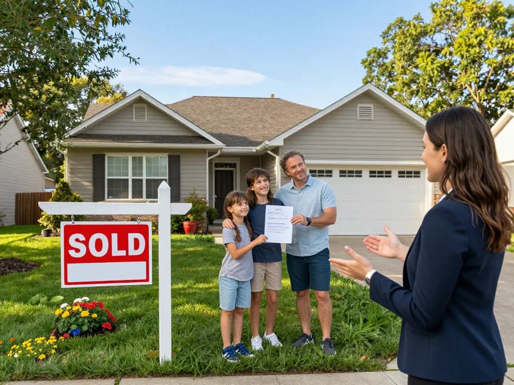 We buy houses for cash; family celebrating front of their new home with cash offer