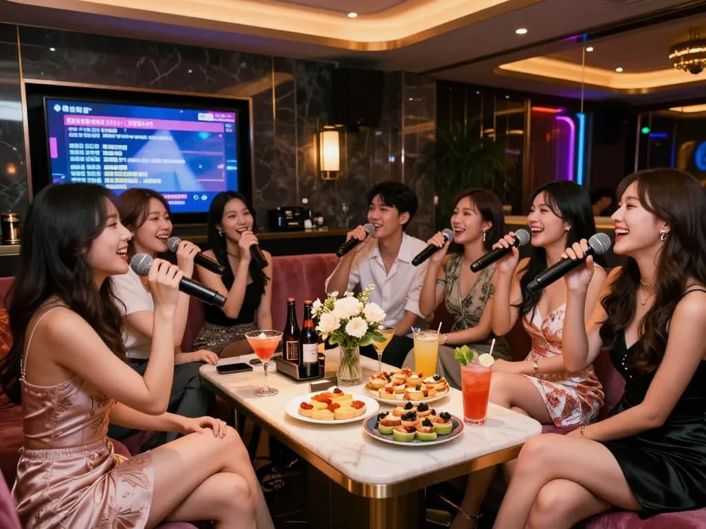 Engaging nightlife at gangnamtune.com karaoke with friends enjoying drinks and singing in luxurious surroundings.