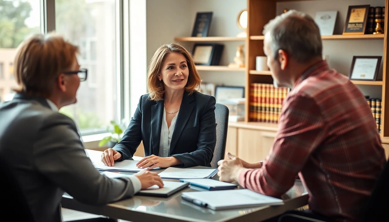 Engaged conversation between truck accident attorney Clearwater and client in professional office.