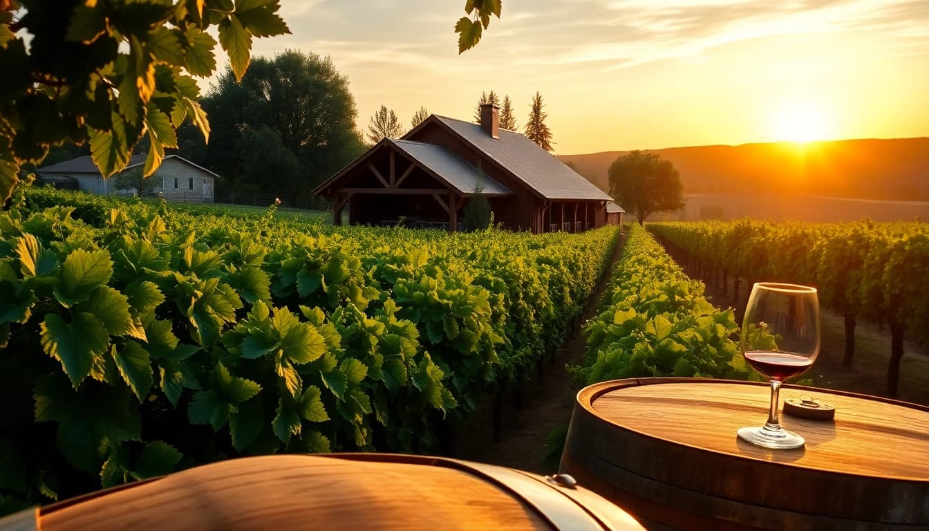 Experience peaceful Winery Sacramento with expansive vineyards and warm sunset view.