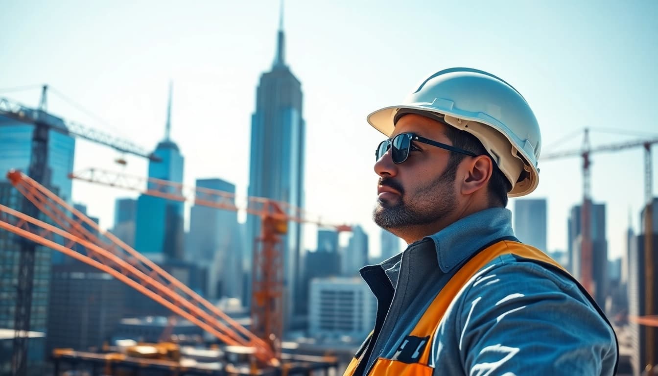 New York City Construction Manager supervising a bustling construction project in the city skyline.