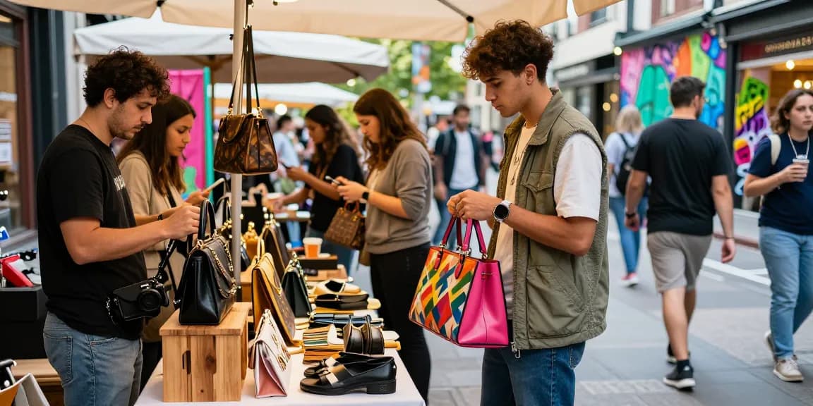 Shopping for high-quality 레플리카 사이트 handbags in a vibrant street market.