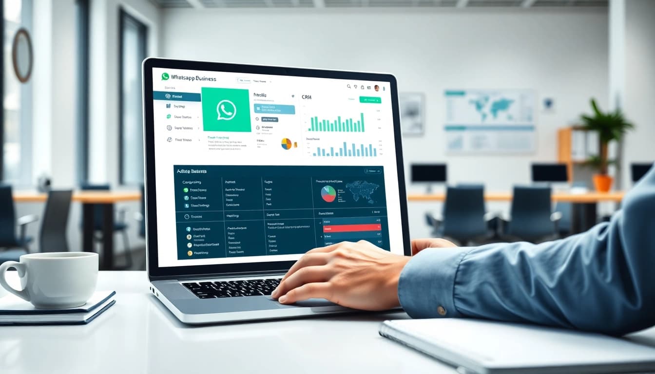Manage customer interactions with WhatsApp Business CRM in a professional office setting.
