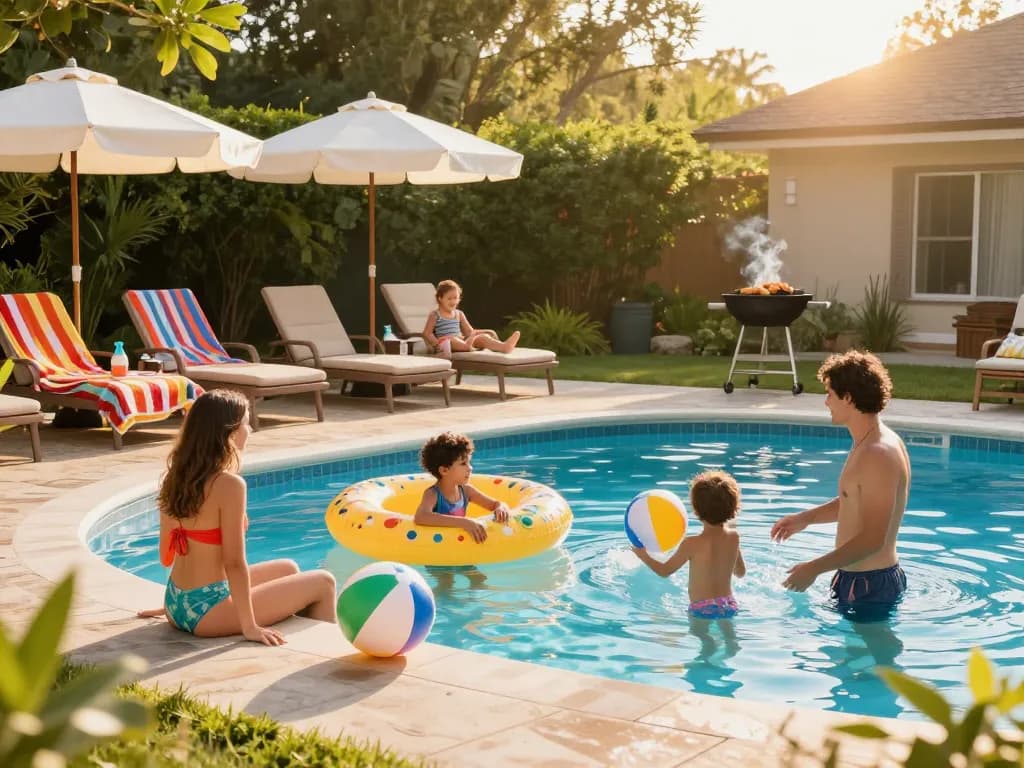 Dolphin Pool Services family enjoying quality time by a vibrant pool with children playing, showcasing summer relaxation.