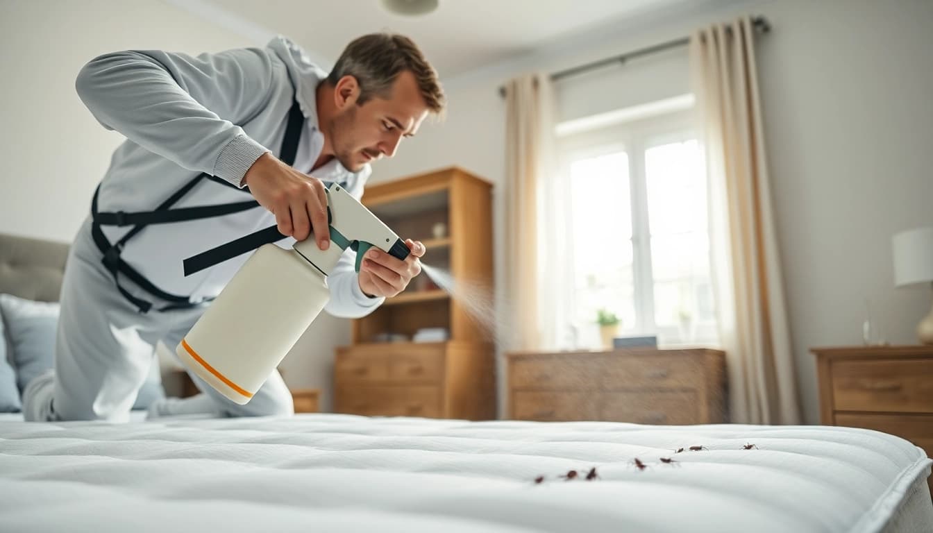 Apply bed bug chemical treatment efficiently by a professional technician in a clean bedroom.