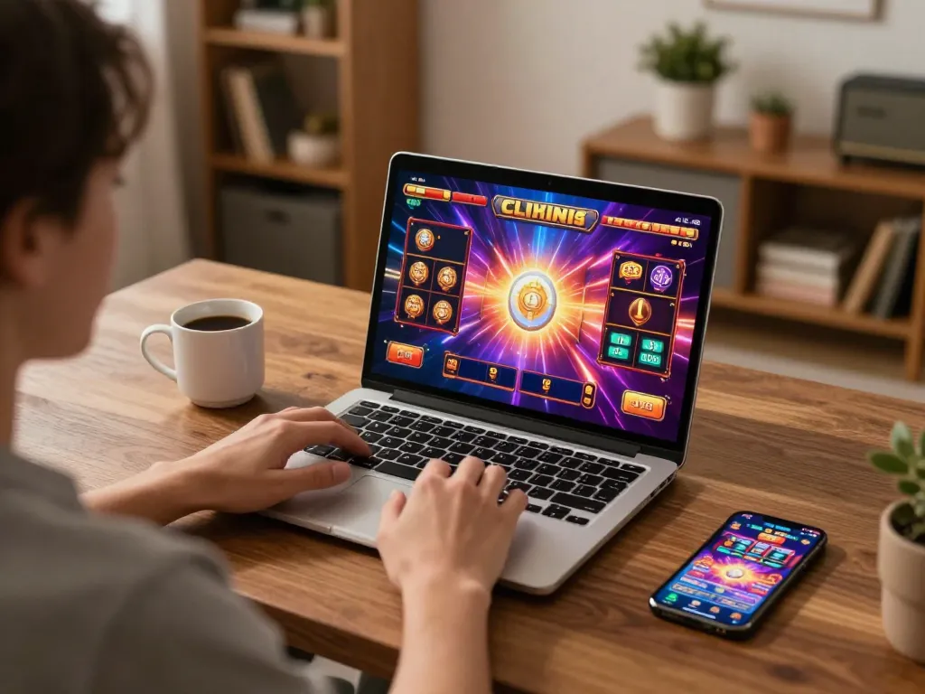 Player enjoying engaging slot games on 888top in a cozy home setting with dynamic visuals