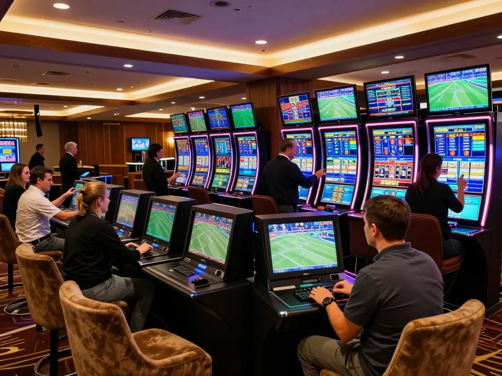 Patrons actively placing bets at 678vip sports betting area with live event screens.