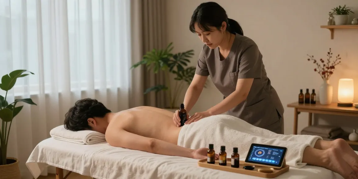 신촌출장마사지 session setup with therapist preparing essential oils and soothing room ambiance for relaxation.