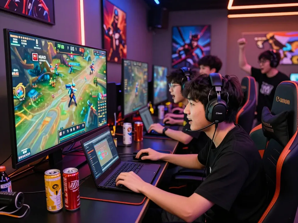 Exciting esports betting scene showcasing friends engaged in nổ hũ hubet88 during a live match in a vibrant gaming lounge.