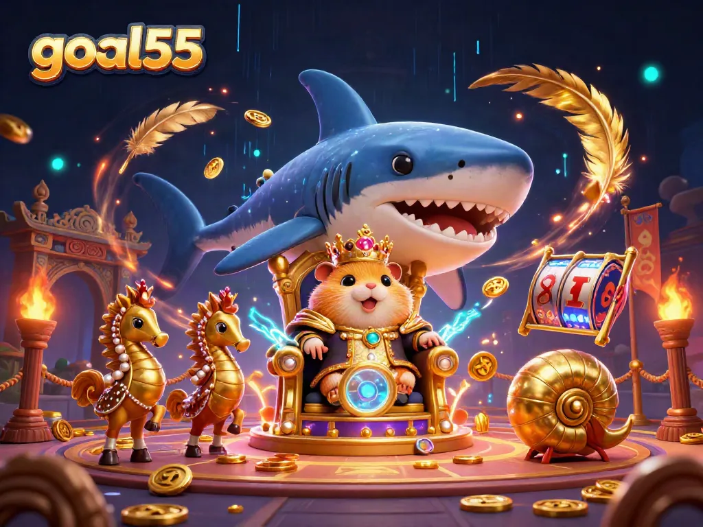 Permainan slot GOAL55 dengan raja hamster yang mengenakan mahkota koral dan penjaga kuda laut dalam latar yang penuh detail.