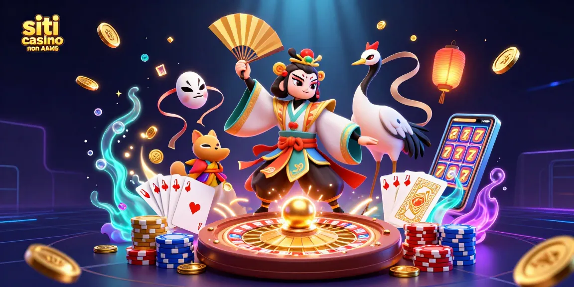 Coinvolgi con siti casino non AAMS in un'illustrazione 3D vivace con elementi di gioco dinamici e personaggi.