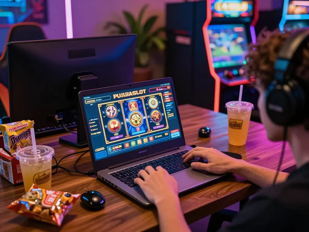 PULSASLOT player engaging with exciting slot games on a laptop in a cozy home setup.