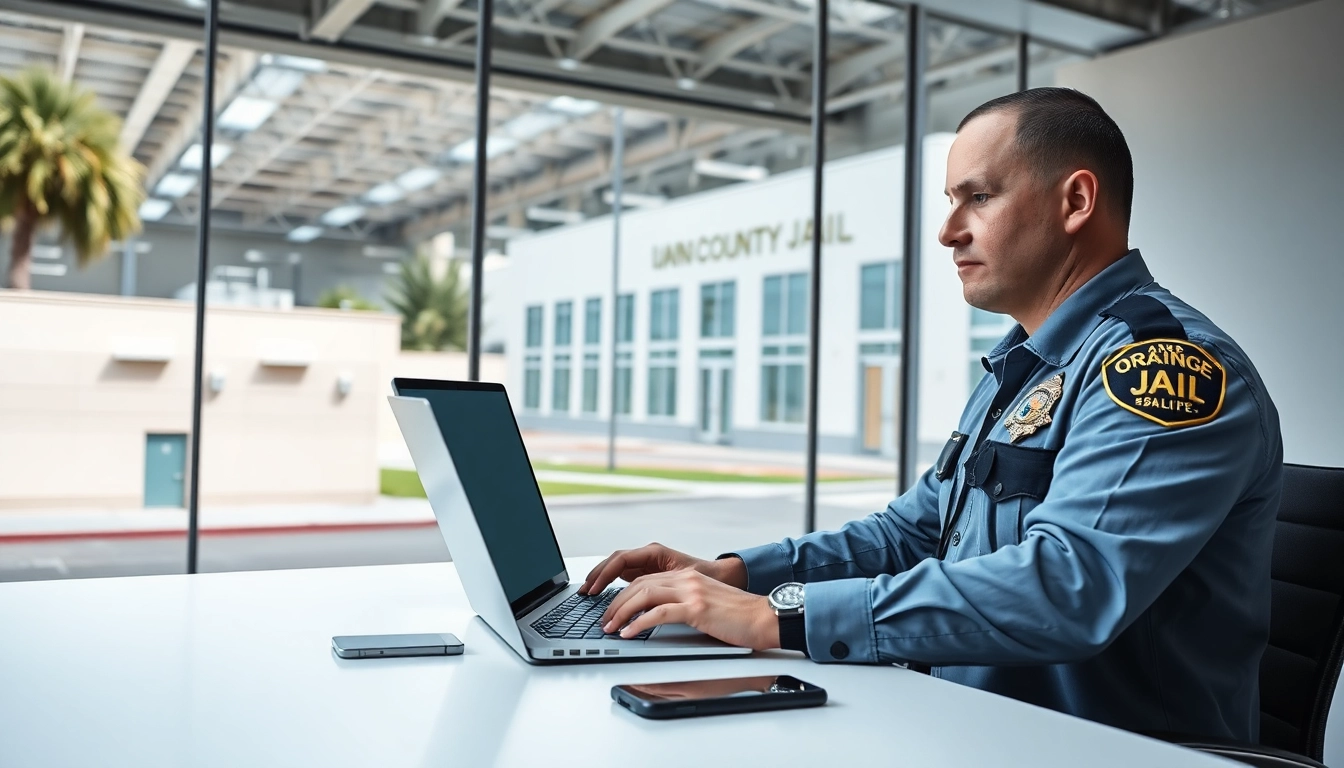 Conducting an Orange County inmate search with modern technology and jail backdrop.