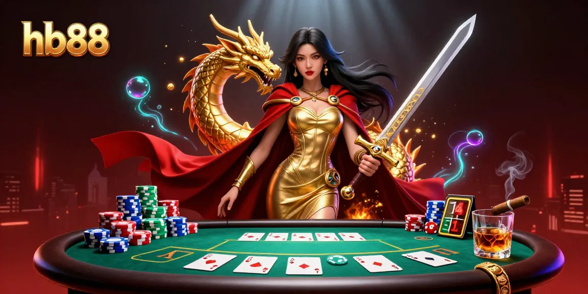 Experience thrilling poker action with hb88 in a vibrant casino scene featuring a powerful warrior queen.