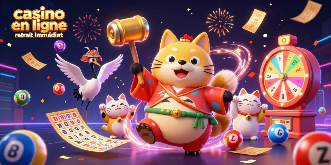 Gagnez avec un casino en ligne retrait immédiat grâce à une illustration festive remplie de jeux et de personnages chanceux.