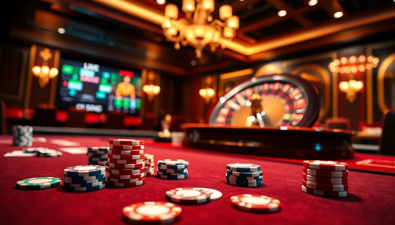 Scène excitante de casino en ligne Français avec des jetons de poker, des cartes et une roue de roulette dans une atmosphère vibrante.