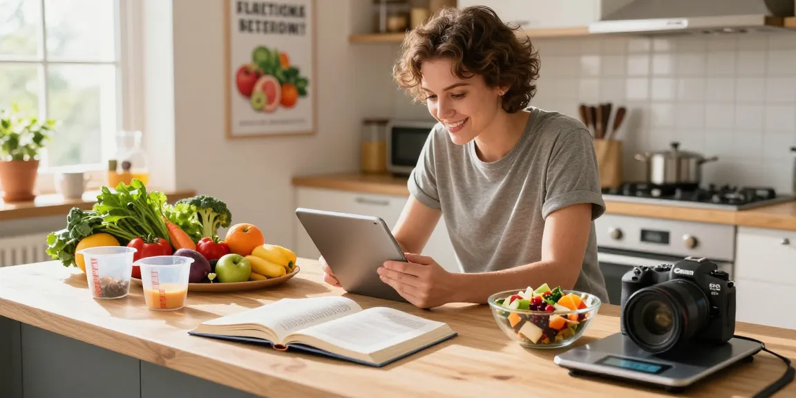 Individual using the best AI calorie tracker in a bright kitchen while preparing healthy meals.