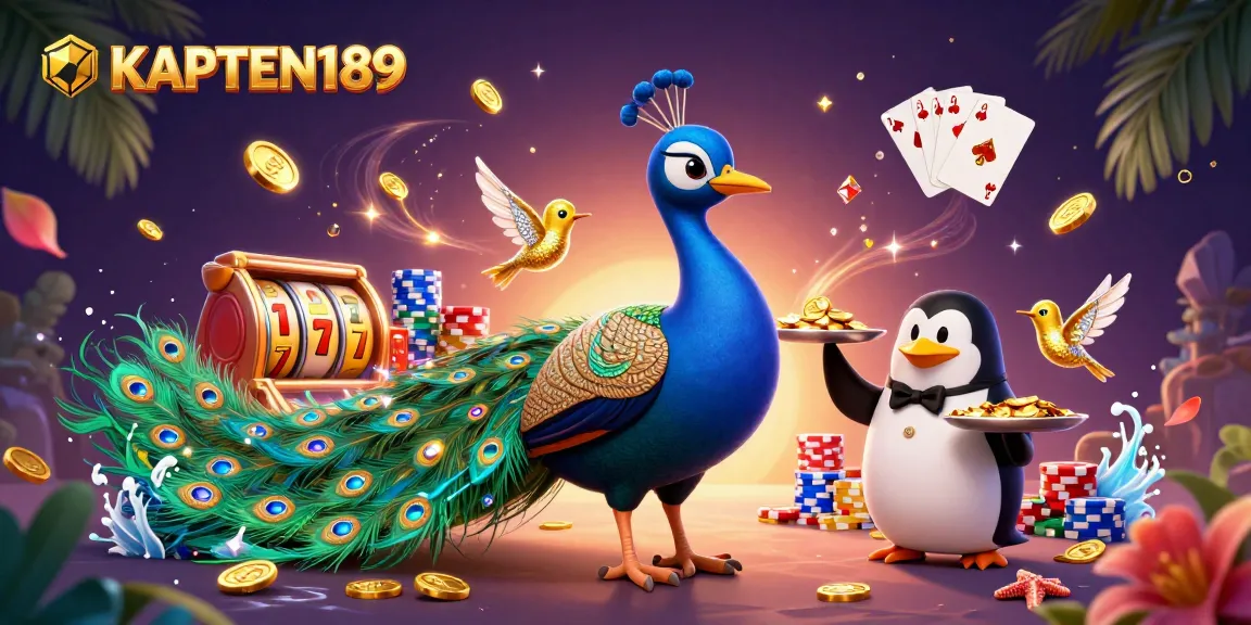 KAPTEN189 menampilkan ilustrasi 3D merak aristokrat dan penguin pelayan bersama simbol mesin slot keberuntungan.