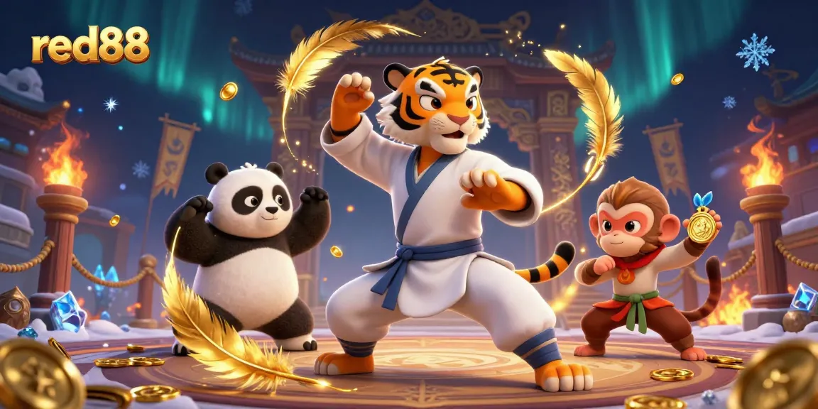 red88 entertains players with a dynamic 3D casino scene featuring a kung fu tiger, panda, and monkey amidst gold coins and epic gaming elements.