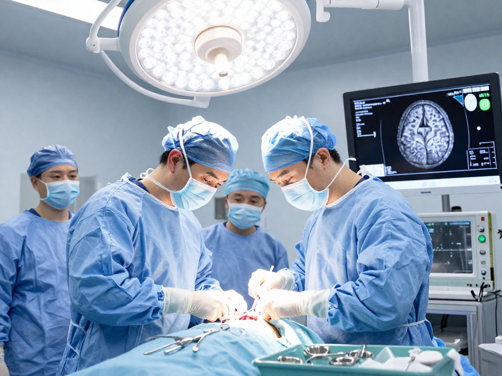 Precise beyin tümörü ameliyatı in a sterile surgical environment with advanced imaging and surgical instruments.