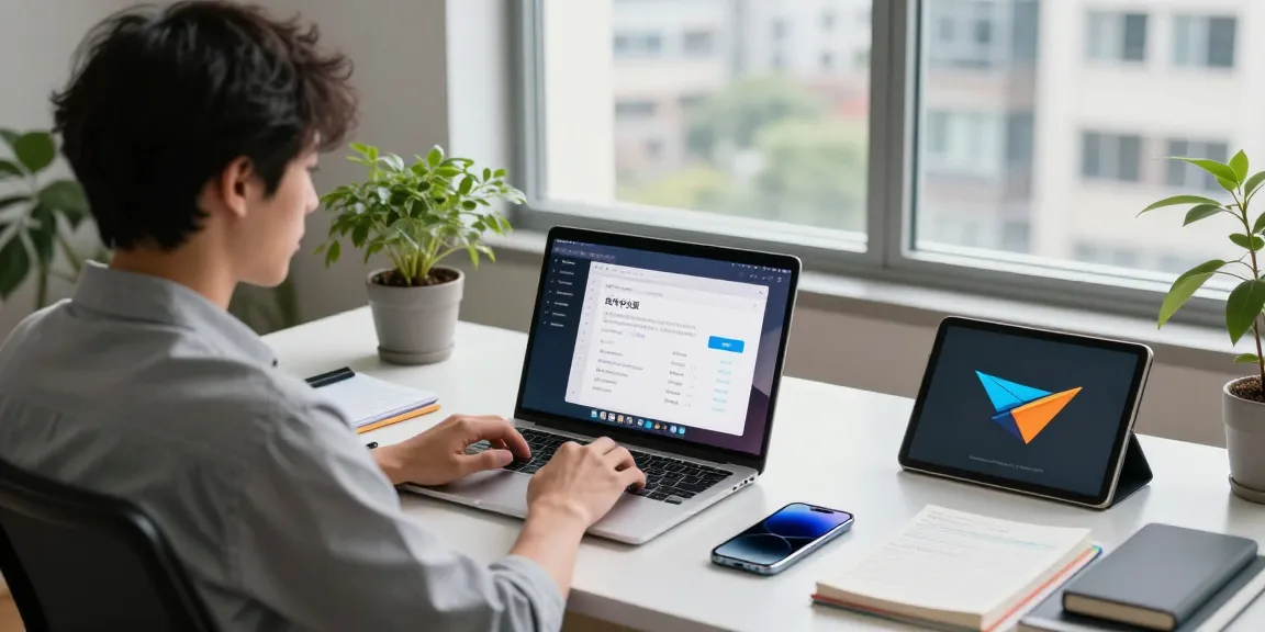 User engaging with 纸飞机中文版 on laptop in a modern tech workspace with gadgets and city view.