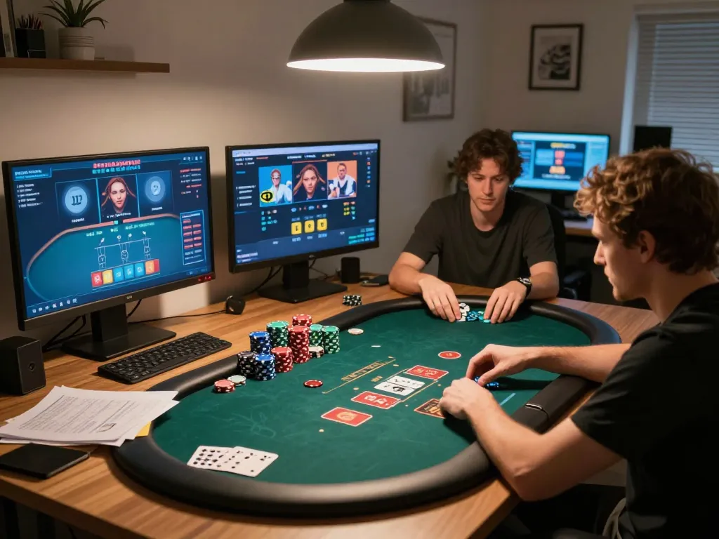 Player strategizing in an online poker session at home with LV88 gaming interface.