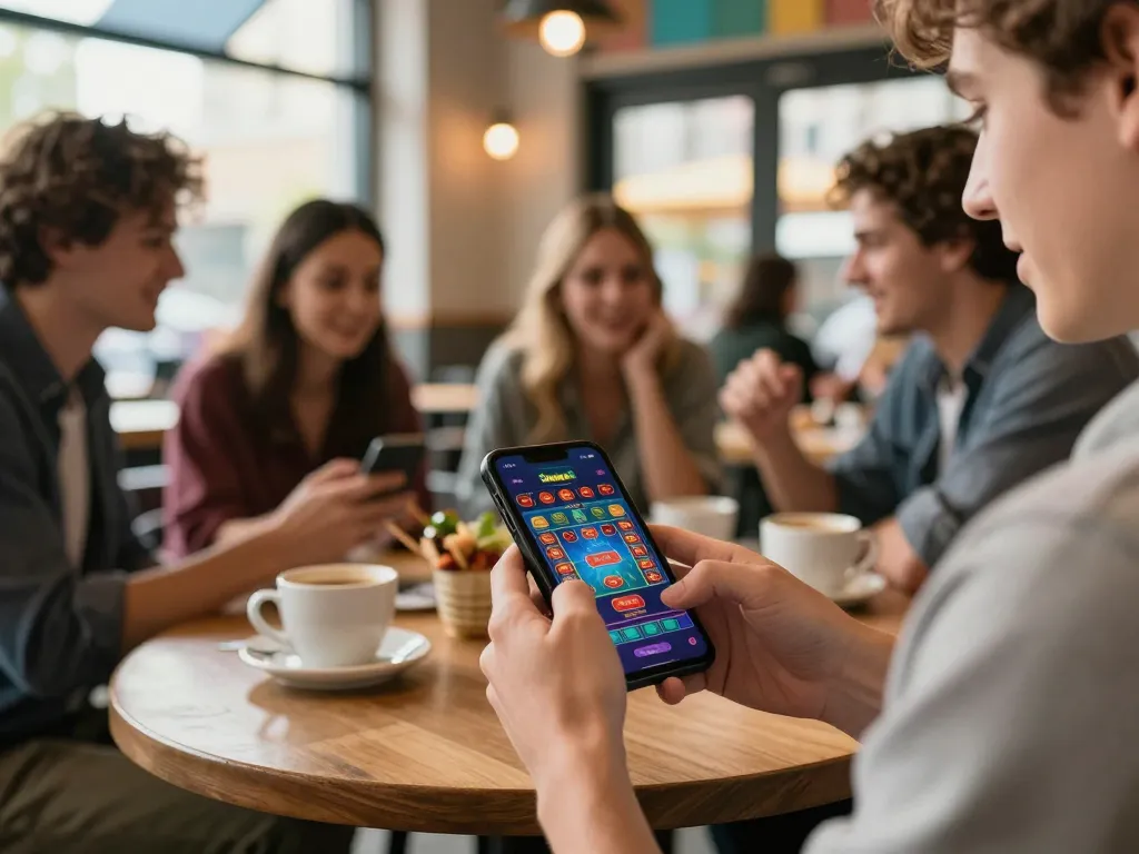 Engaging gameplay on SunwinAPK app in a trendy café setting, showcasing mobile gaming excitement.