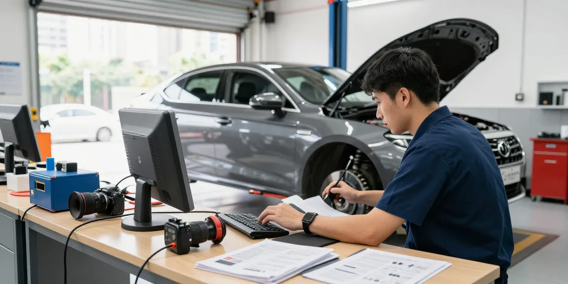 Expert car inspection services Hong Kong with technician using diagnostic tools in a modern garage.