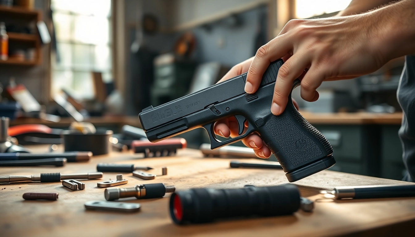 Install Glock 17 slide in a skilled workshop setting, highlighting craftsmanship details.