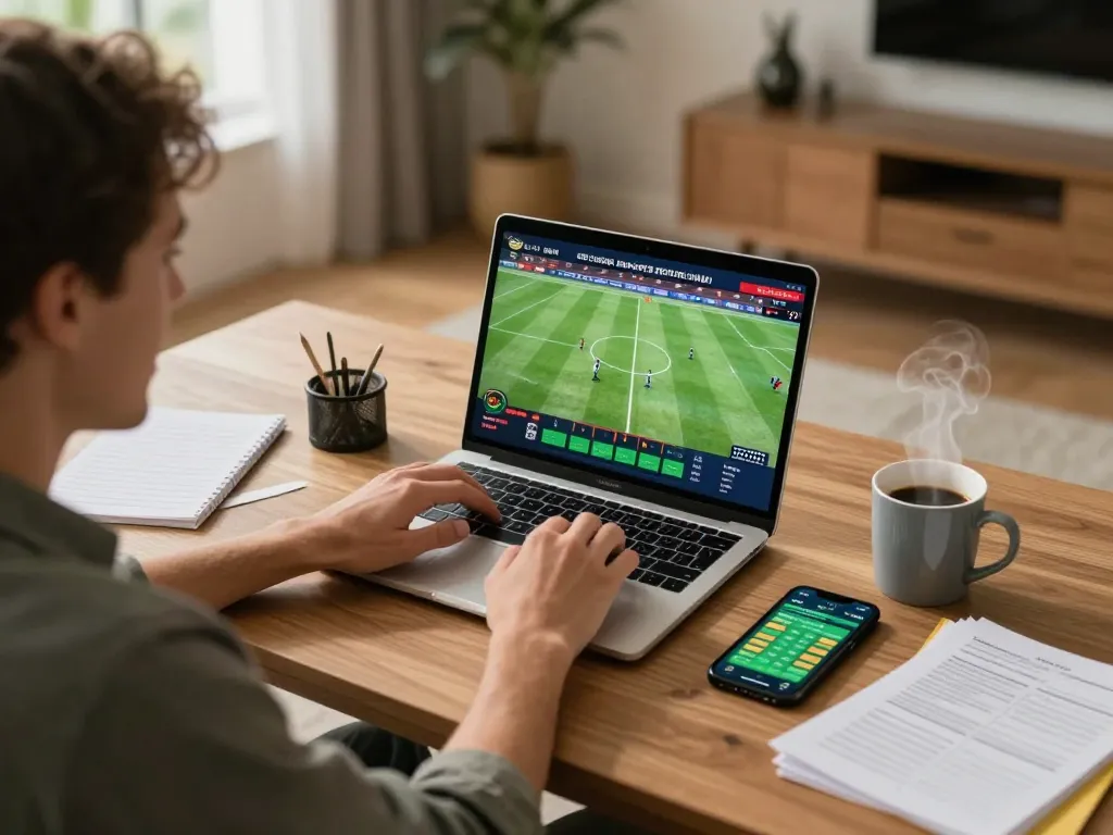 Cakhiatv user engaged in sports betting from home with dynamic betting interface on laptop