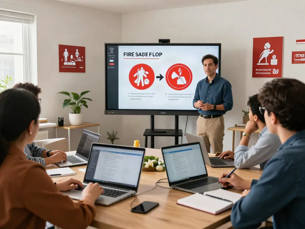 CFPS Certification Saudi Arabia, virtual training session with instructor and engaged students in fire safety.