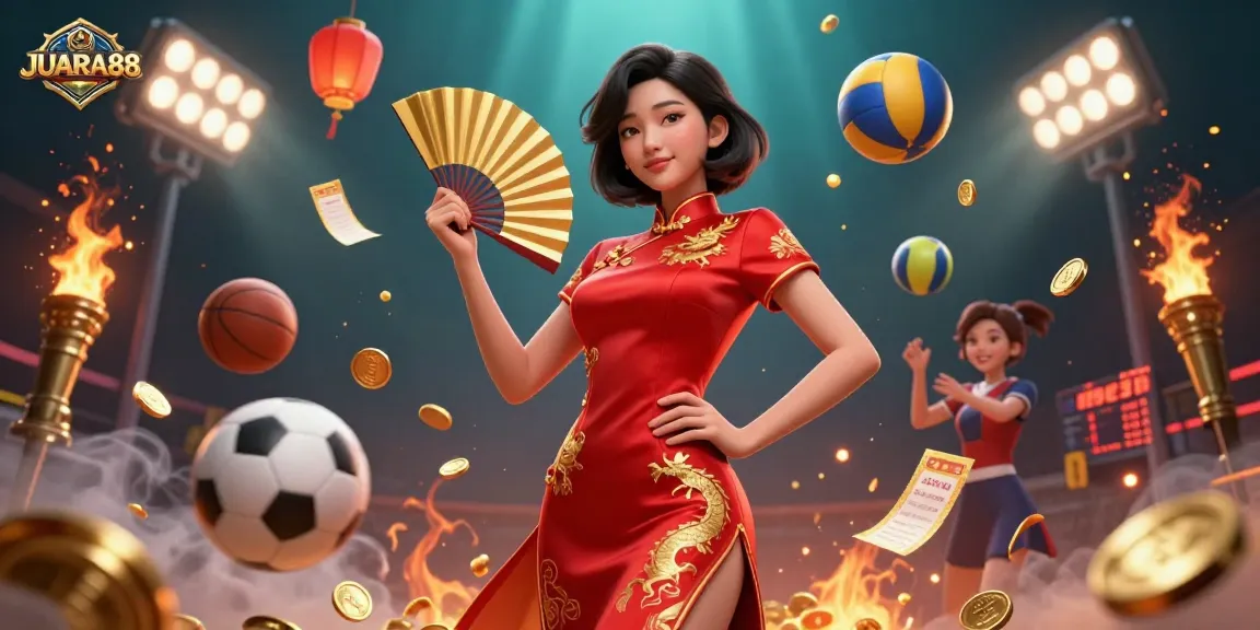 Bet on JUARA88 with excitement, featuring a vibrant Asian woman surrounded by sports elements and golden coins.