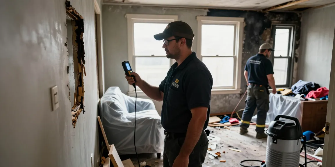 Fire damage restoration services in action, technician assessing smoke damage with moisture meter in Chicago home.