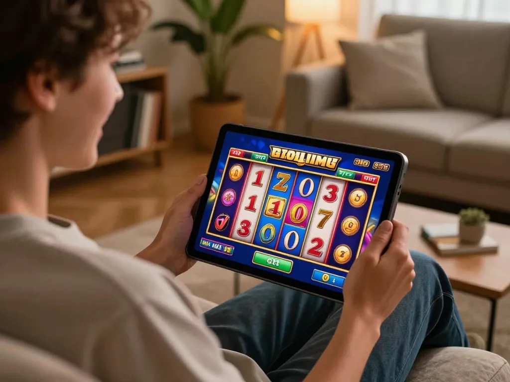 Pemain menikmati sesi permainan online OKESLOT di tablet, antarmuka permainan slot berwarna-warni ditampilkan.