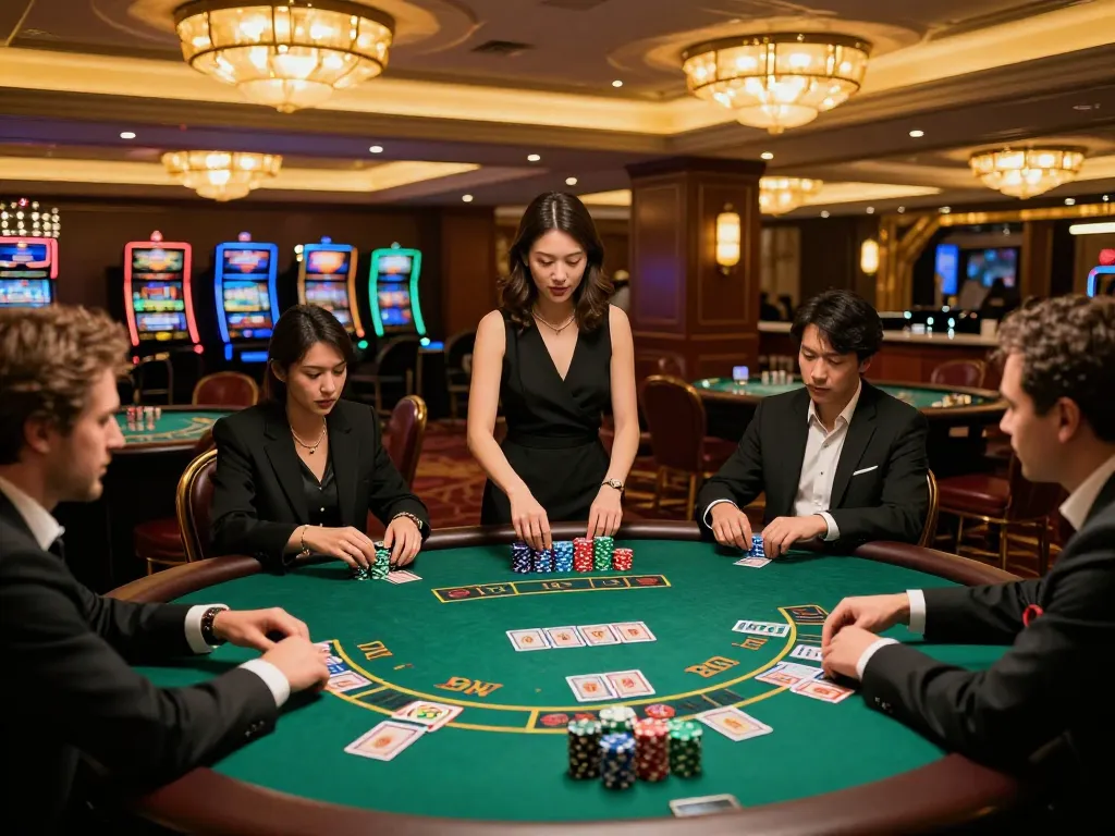 Players enjoying blackjack at a casino with the max 79 action visible among exciting gameplay and elegant atmosphere