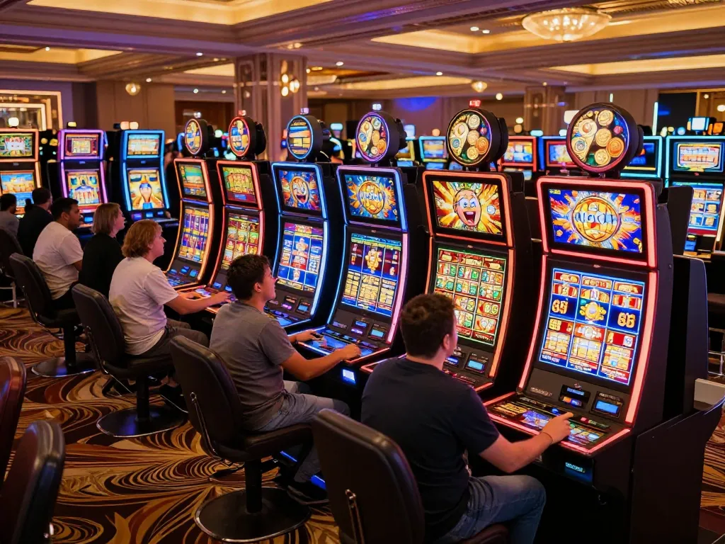 Players enjoying thrilling slot machines in a bright casino, highlighting c168 gaming excitement