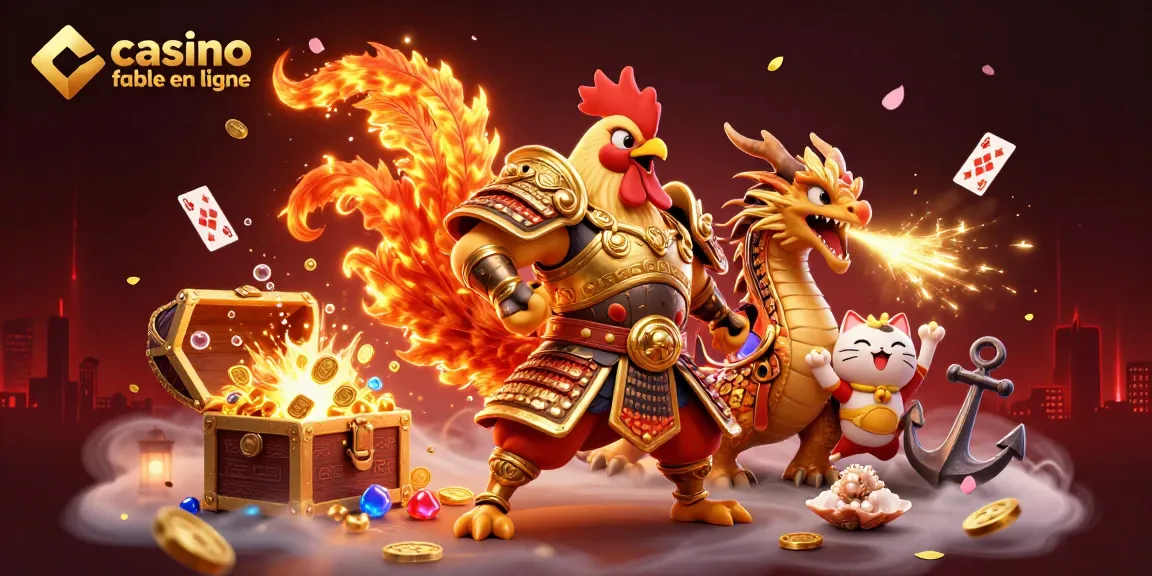 Vivez une action palpitante au casino fiable en ligne avec une scène vibrante d'un guerrier coq, d'un dragon nouveau-né et d'un chat de la fortune.