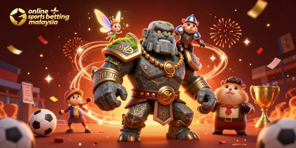 Experience online sports betting Malaysia with a colorful scene of a golem, fairy, and hamster knight in action.