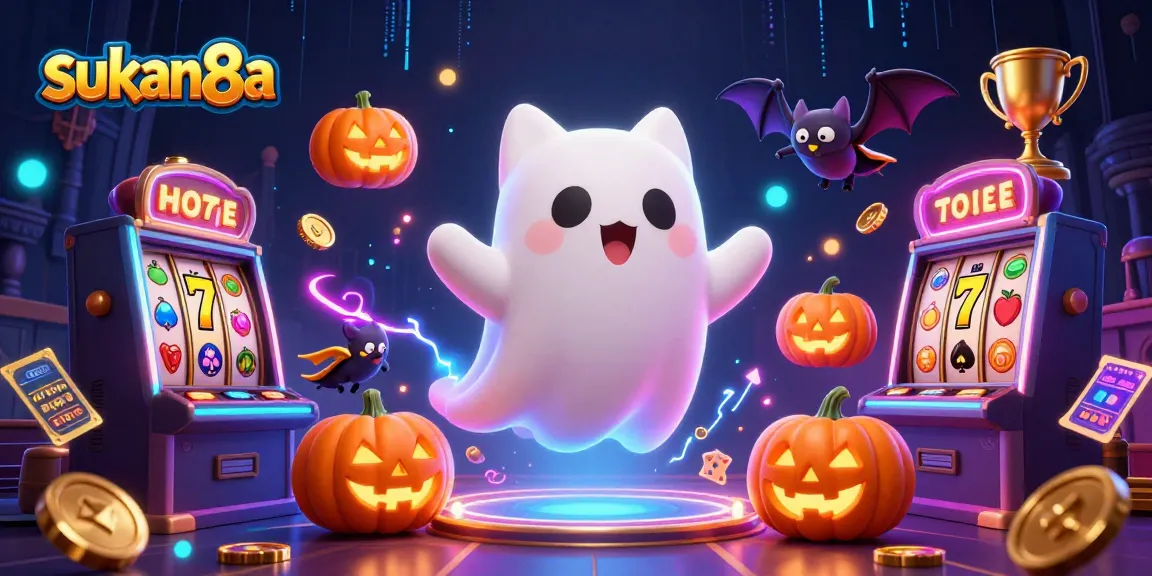 Bet on sukan8a with a vibrant casino scene featuring a ghost cat and slot machines illuminated in a haunted mansion.