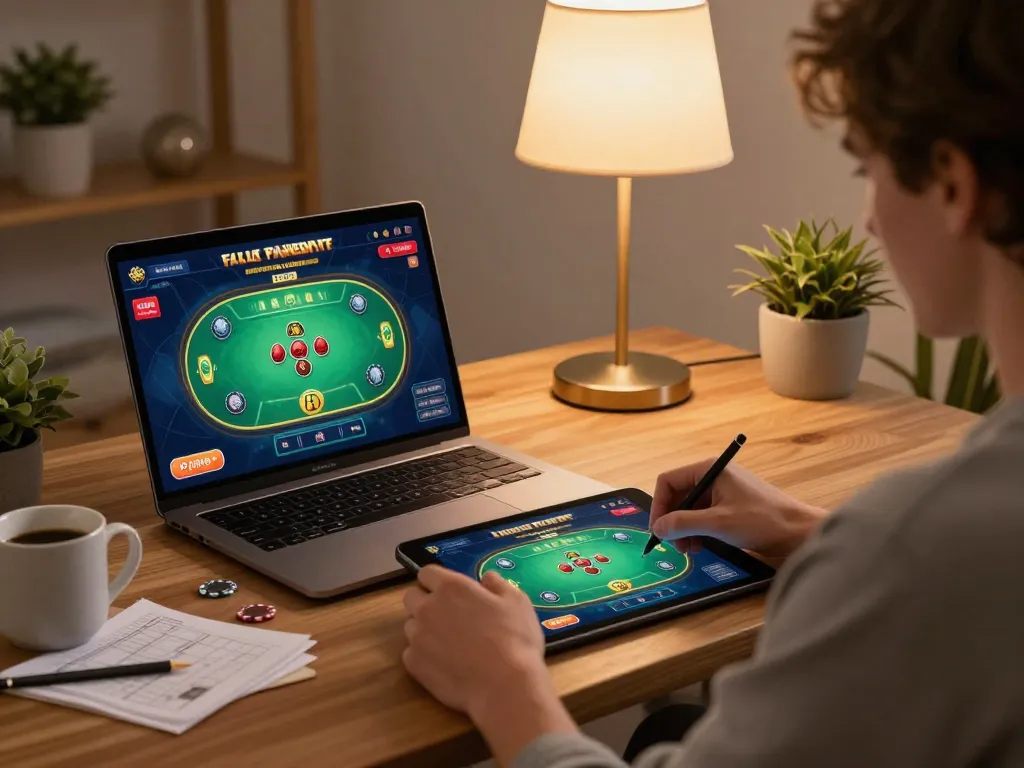 FAFA 828 online gaming setup with player focused on digital poker gameplay, cozy home atmosphere.