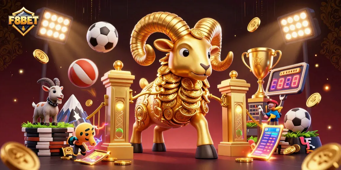 Experience thrilling action at F8BET with a dynamic scene of gambling excitement featuring a golden ram and sports elements.