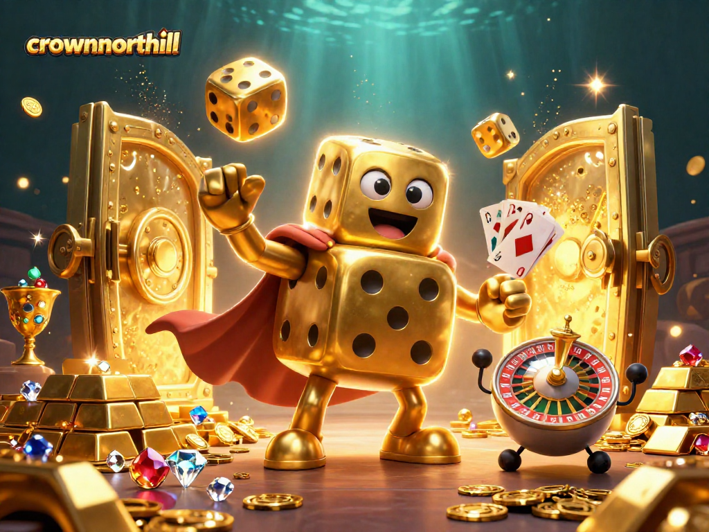 Crownnorthill engaging players with a dynamic scene featuring a golden dice golem with slot machine elements.