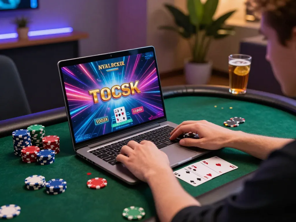Engaging online baccarat gaming scene showcasing a player at a laptop with chips and cards