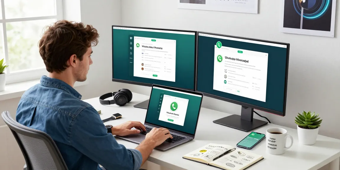 Using WhatsApp電腦版 on a laptop in a modern workspace with motivational elements.