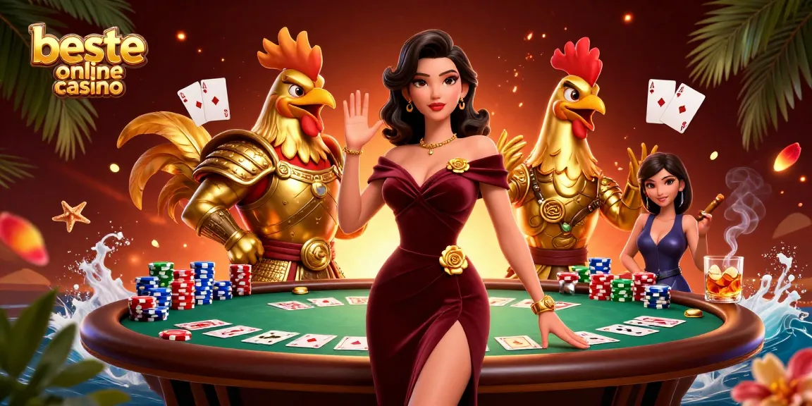Experience the excitement at the beste online casino featuring a glamorous woman and a golden rooster warrior.